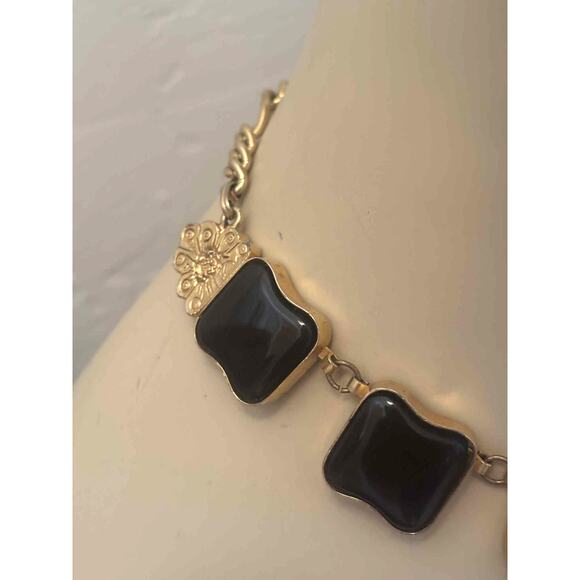 Vintage 80s Gold & Black Belt Buckle Choker Necklace Statement Adjustable Runway - Picture 3 of 5